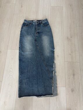 Olivaceous Small Blue Denim Maxi Skirt with Side Raw Edge s19